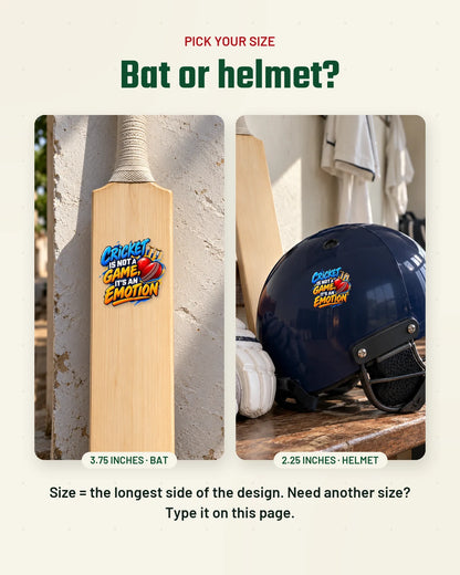 Cricket Is Emotion size guide: bat and helmet
