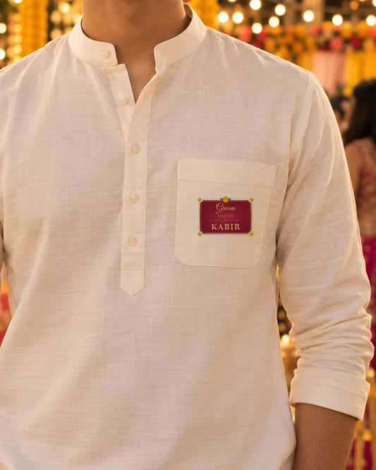 Groom Squad name patch on the chest pocket of a kurta