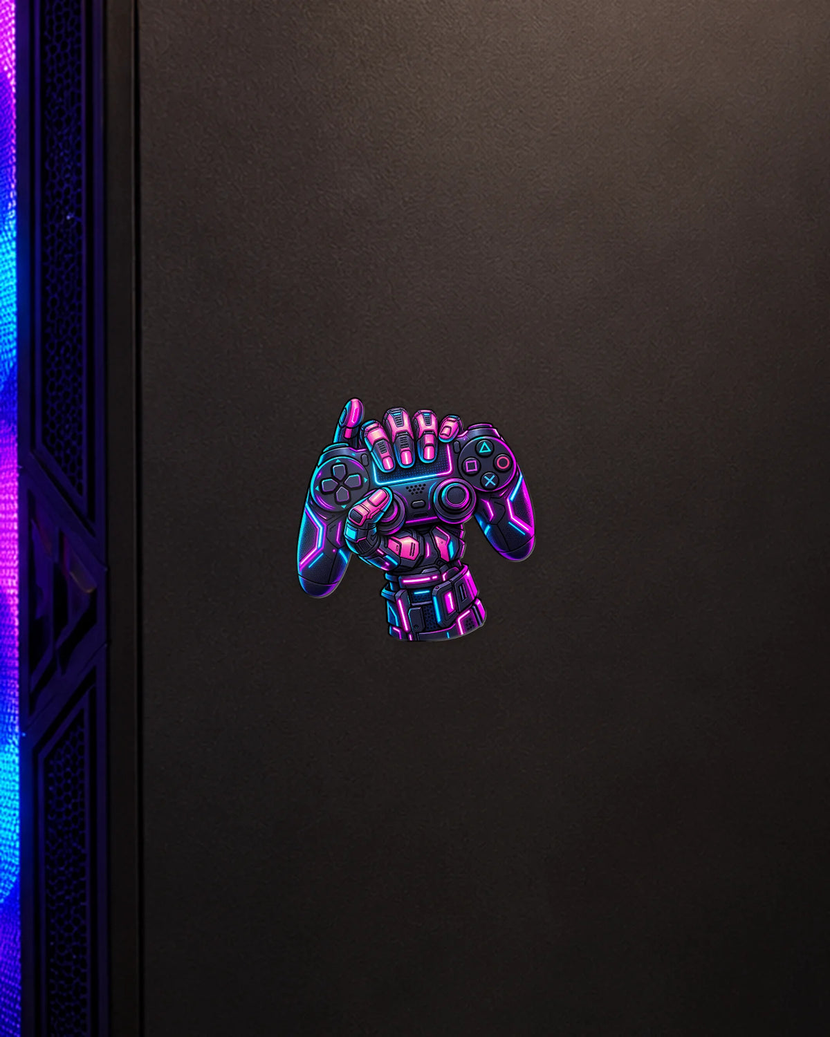 Cyber Gamer Fist gamer patch on a gaming PC cabinet
