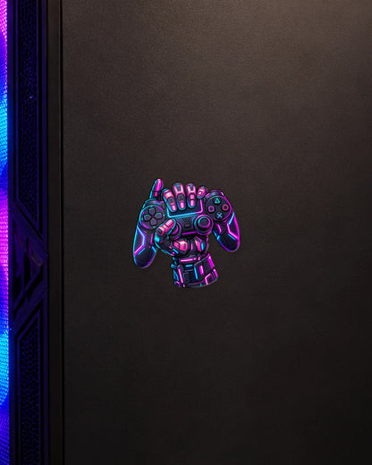 Cyber Gamer Fist gamer patch on a gaming PC cabinet