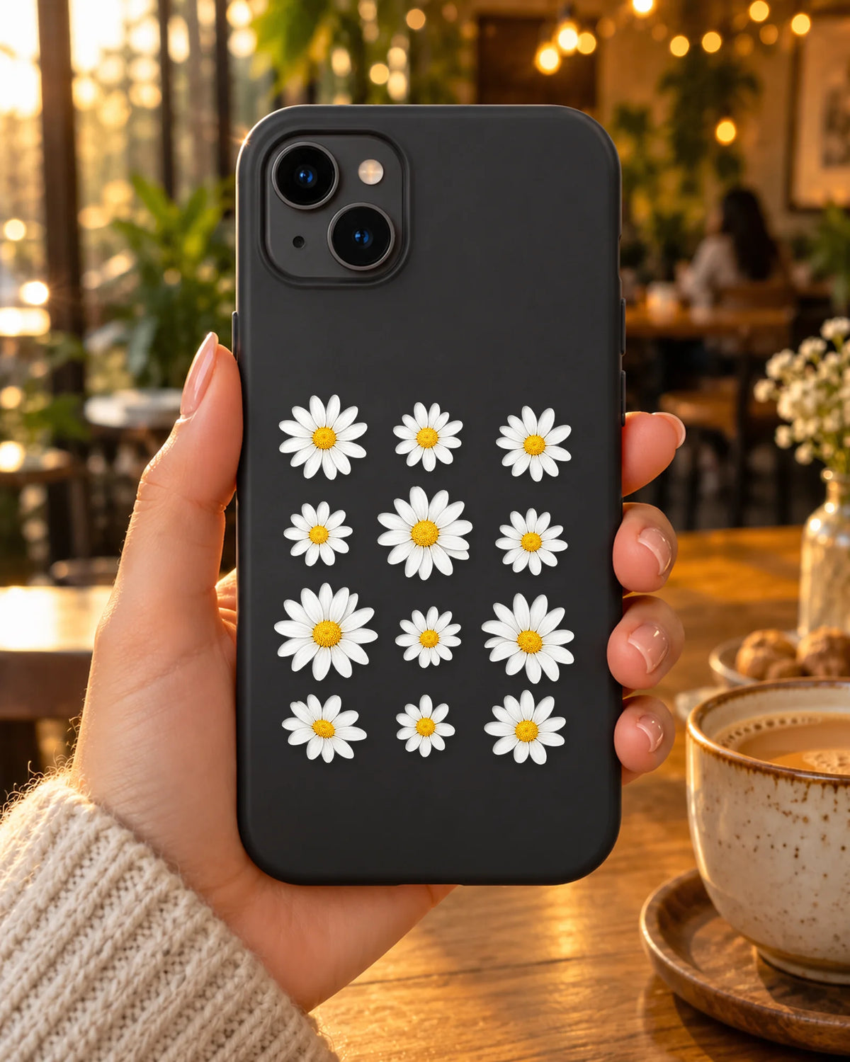 Daisy Nights on a phone at a cafe