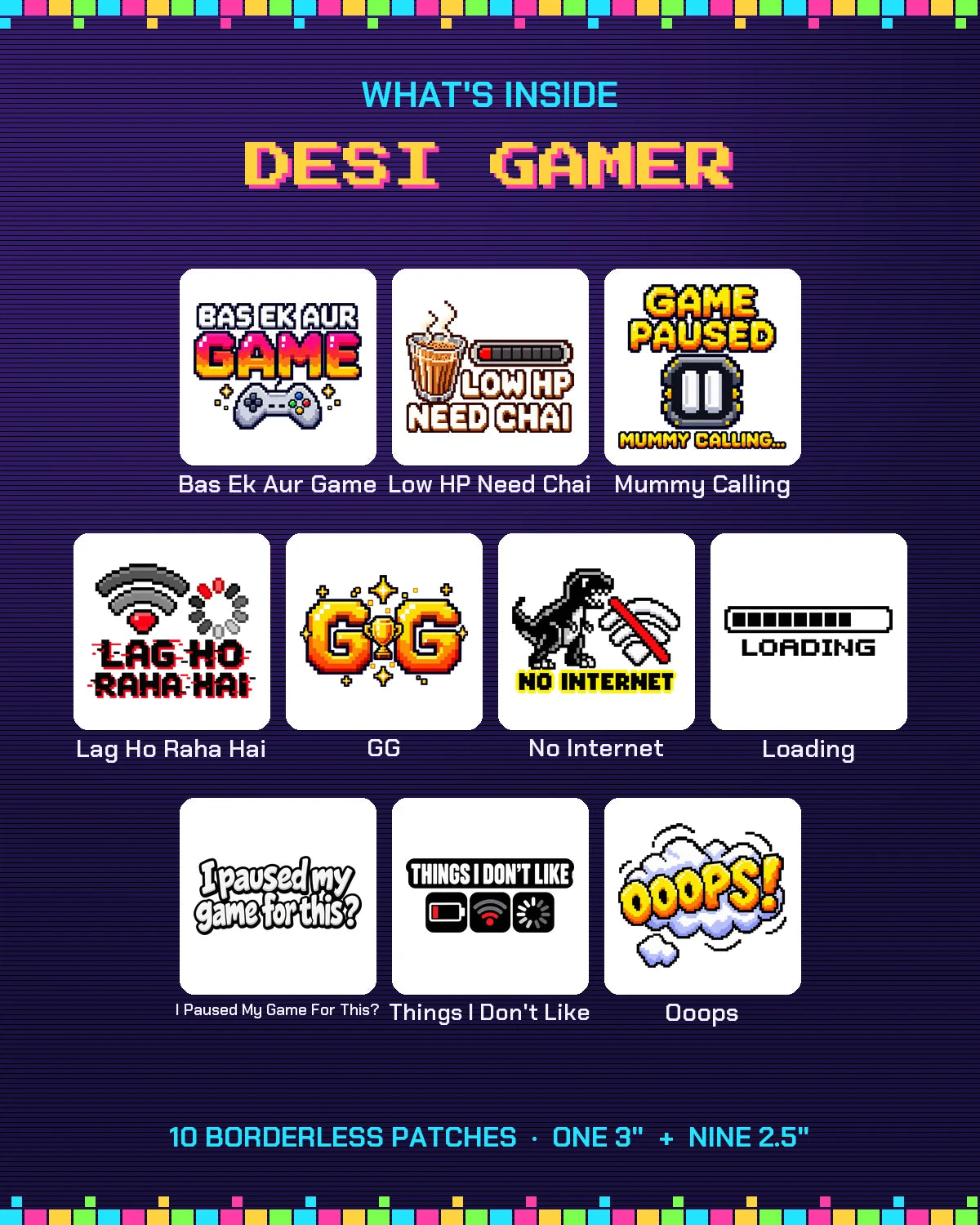 Desi Gamer Pack in black ink: 10 gamer patches what's inside