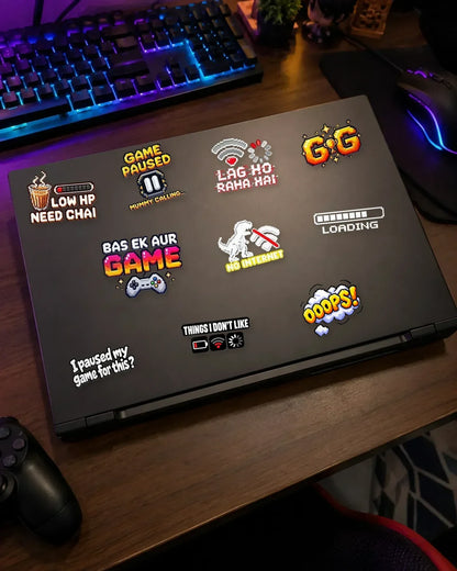 Desi Gamer Pack in white ink: 10 gamer patches on a gaming laptop