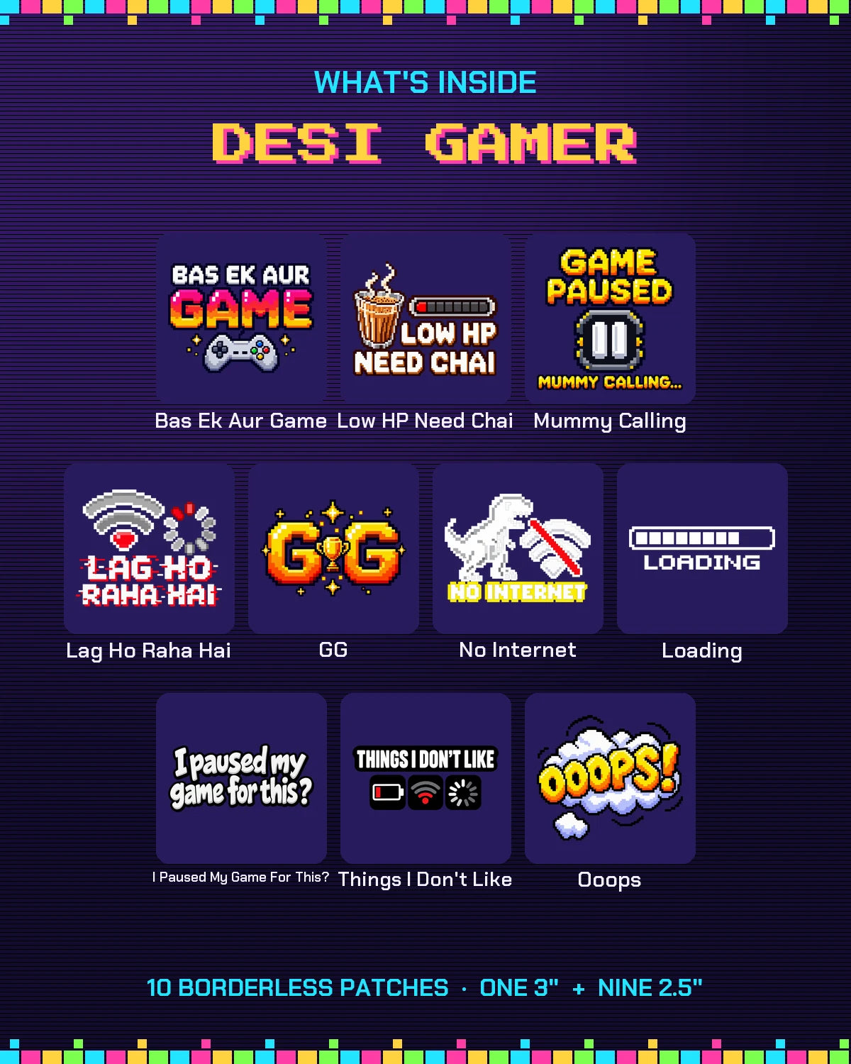 Desi Gamer Pack in white ink: 10 gamer patches what's inside