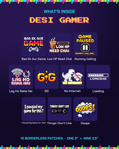 Desi Gamer Pack in white ink: 10 gamer patches what's inside