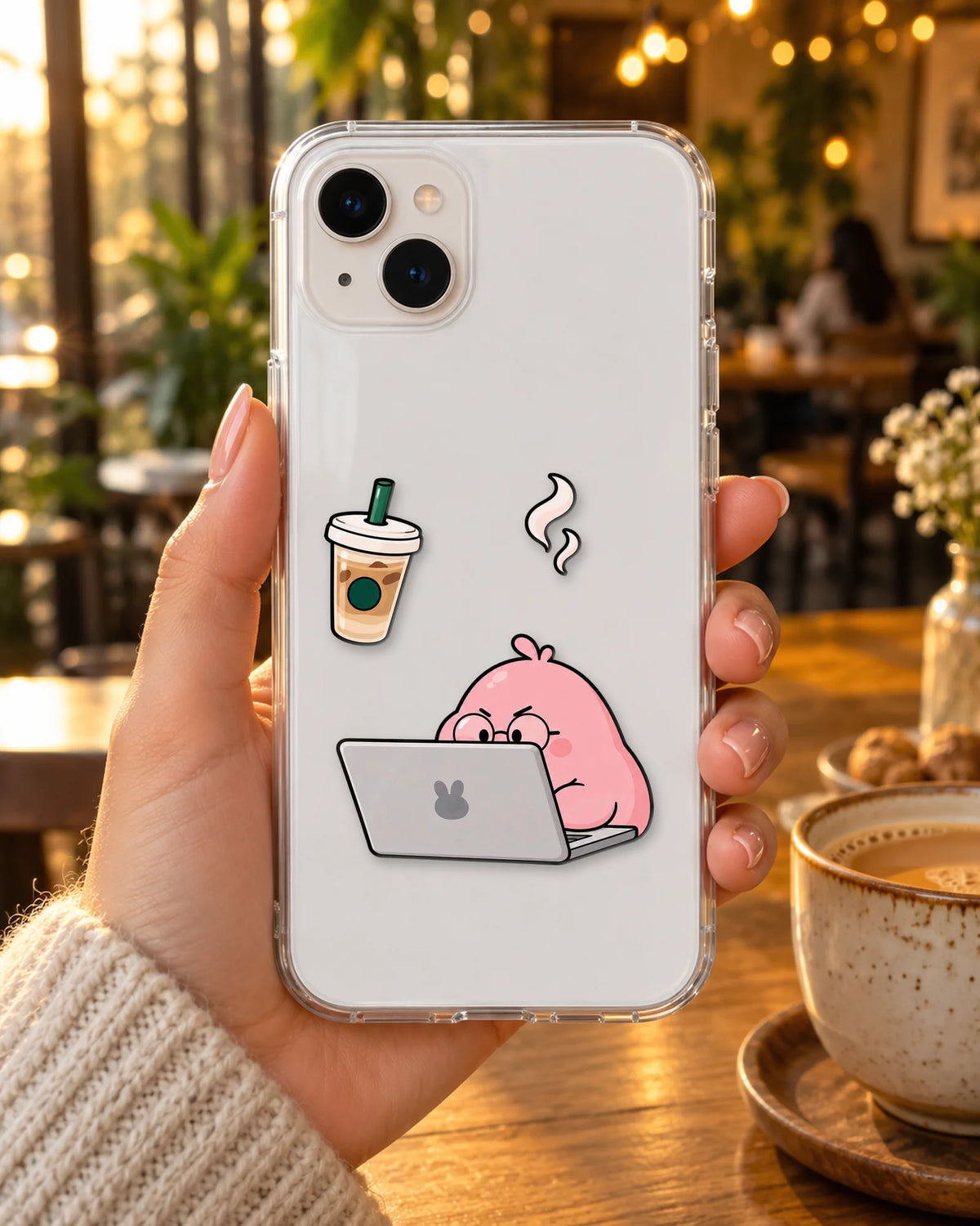 Desk Buddy on a phone at a cafe
