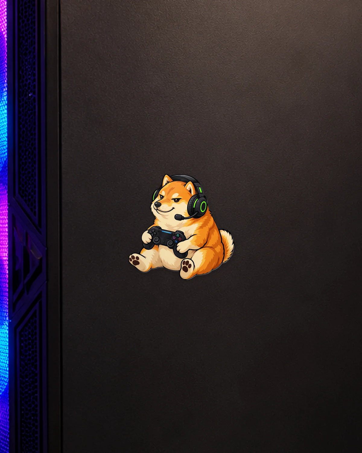 Doge Gamer gamer patch on a gaming PC cabinet