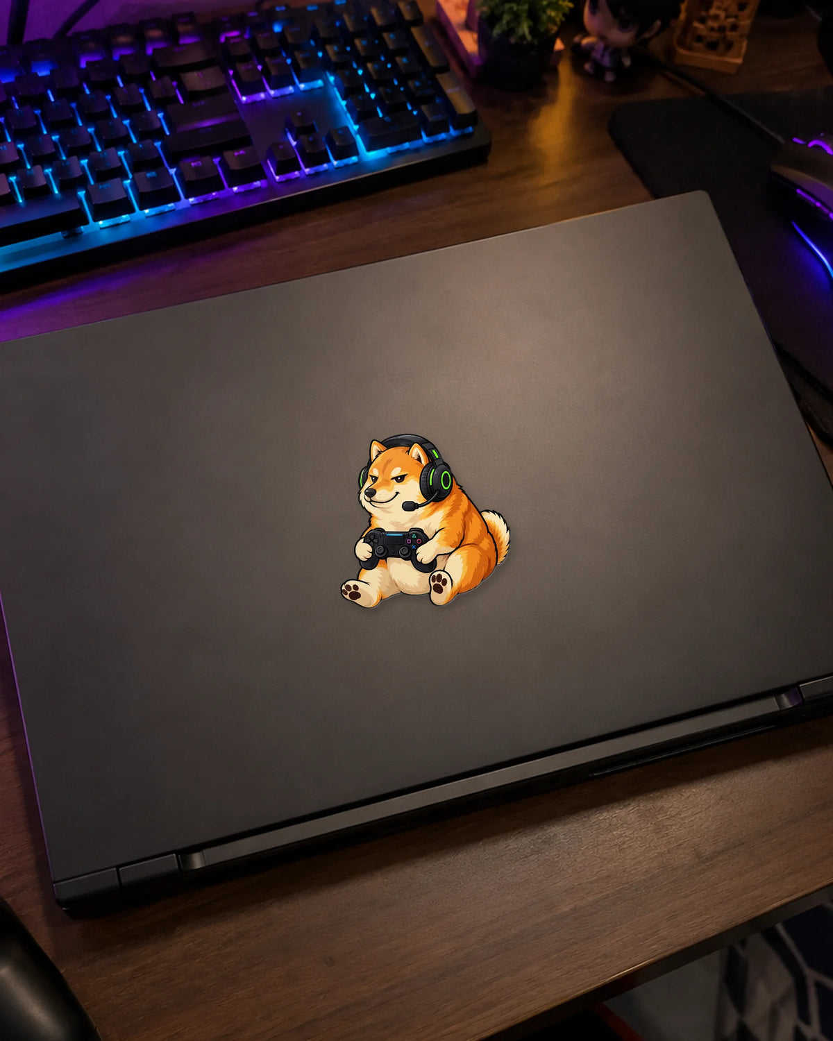 Doge Gamer gamer patch on a gaming laptop