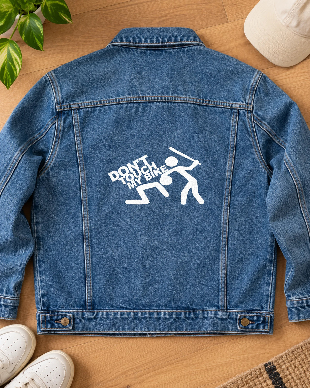 Don't Touch My Bike iron-on patch on clothes
