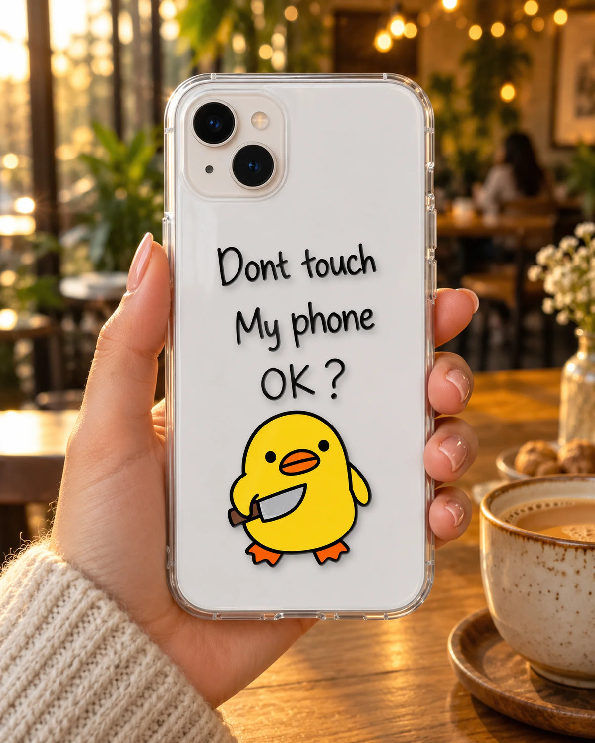 Duck Off on a phone at a cafe