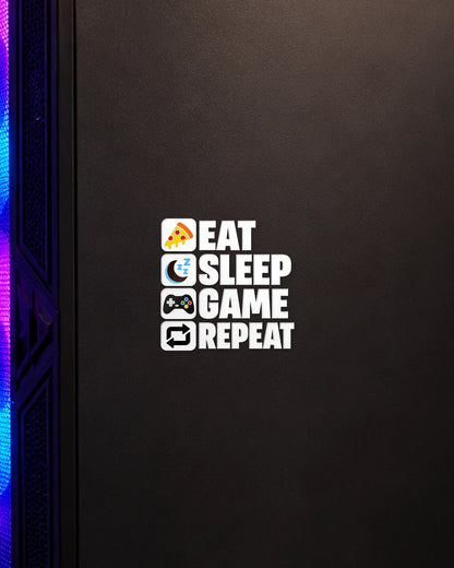 Eat Sleep Game Repeat gamer patch in white ink on a gaming PC cabinet