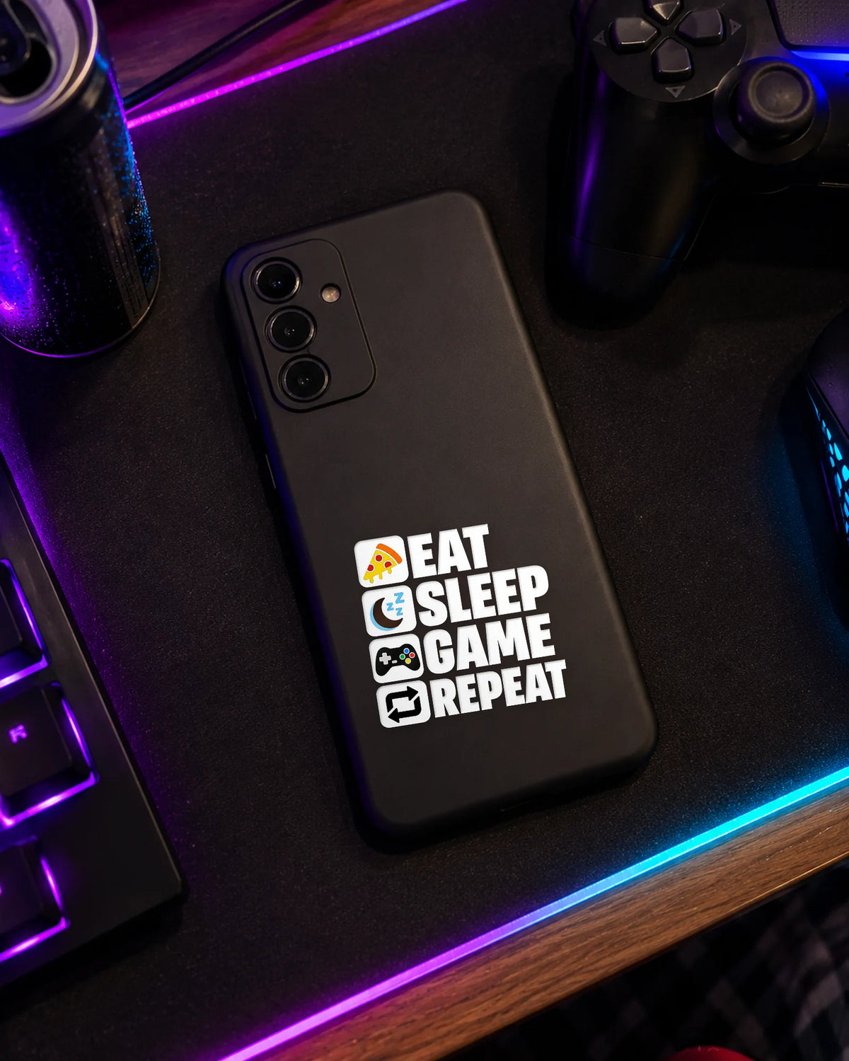 Eat Sleep Game Repeat gamer patch in white ink on a phone case
