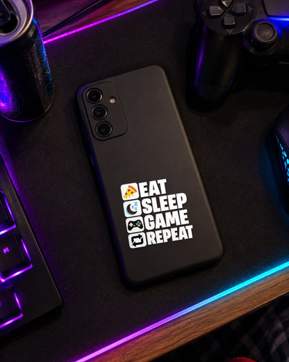 Eat Sleep Game Repeat gamer patch in white ink on a phone case