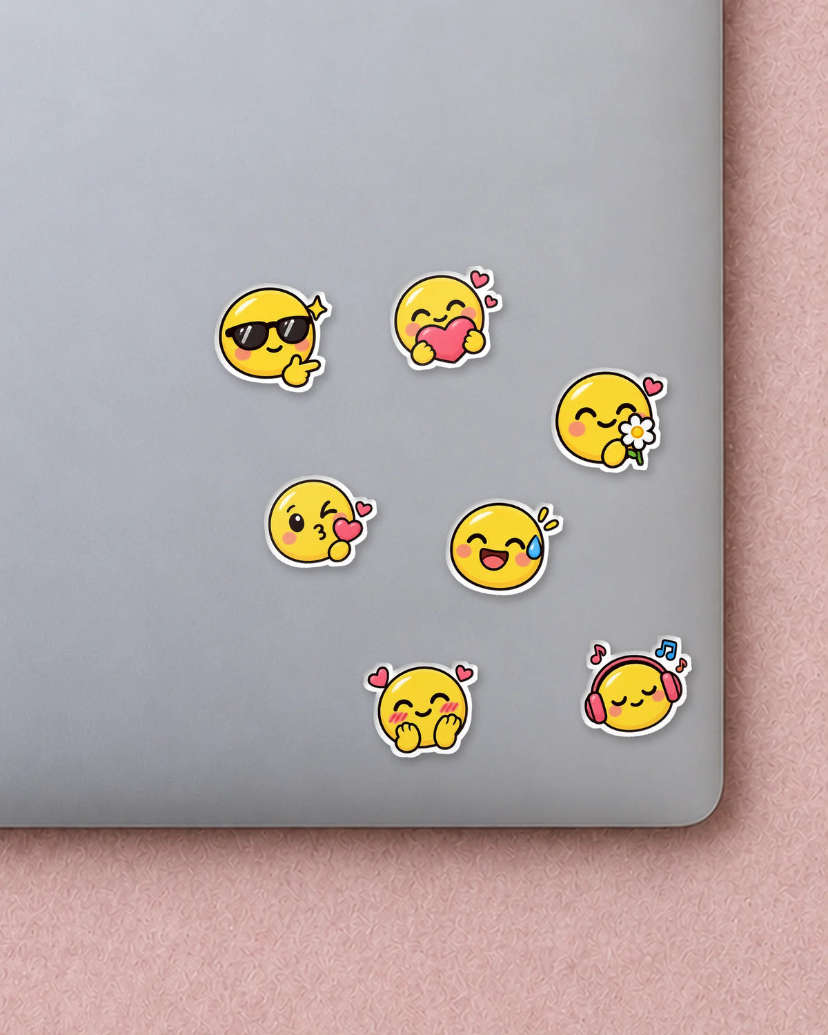 Emoji Mood mini patches on a laptop