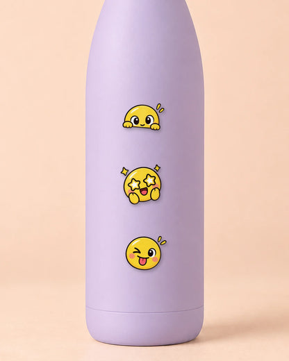Emoji Mood mini patches on a water bottle