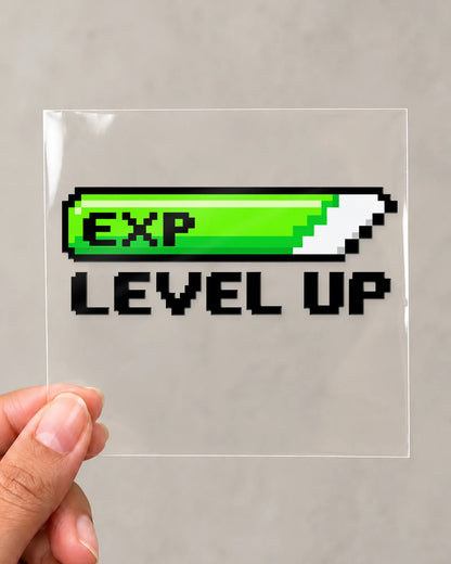 EXP Level Up gamer patch in black ink on clear film
