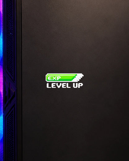 EXP Level Up gamer patch in white ink on a gaming PC cabinet