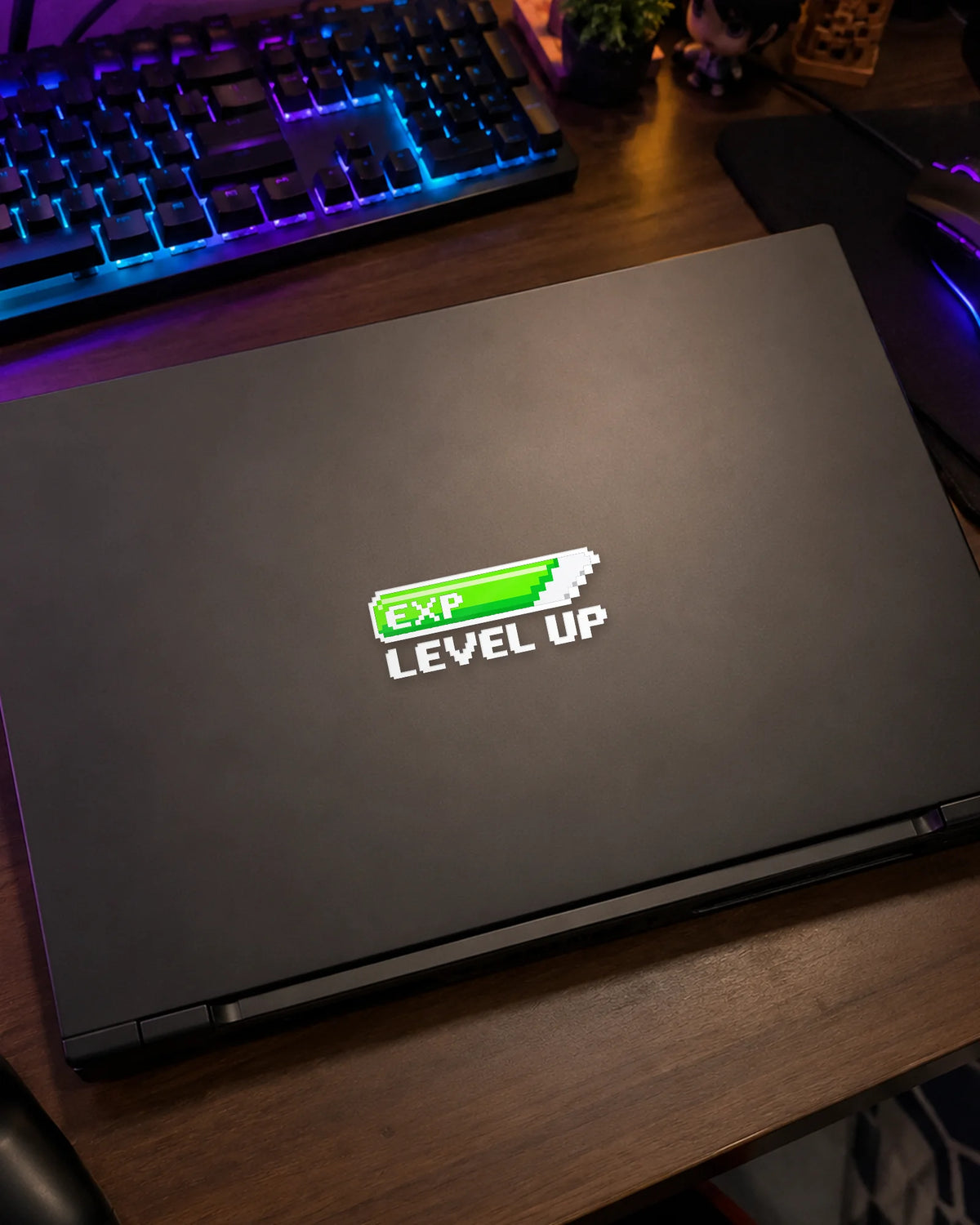 EXP Level Up gamer patch in white ink on a gaming laptop