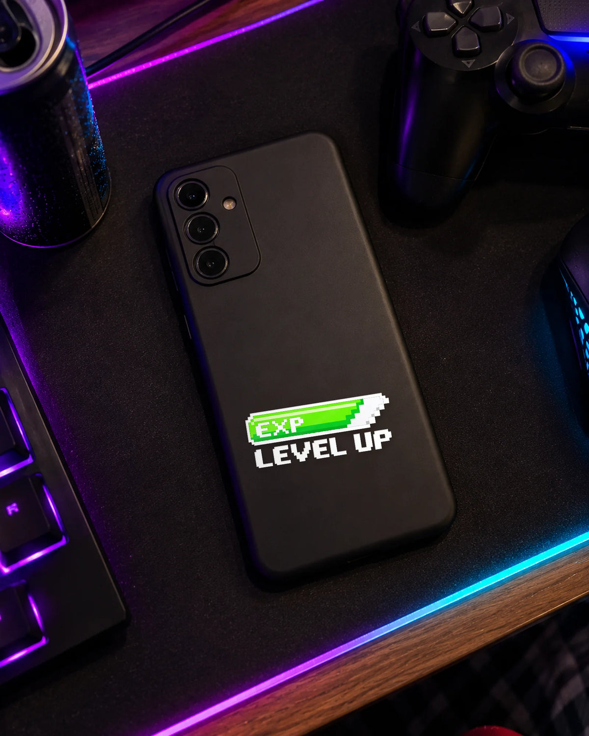EXP Level Up gamer patch in white ink on a phone case