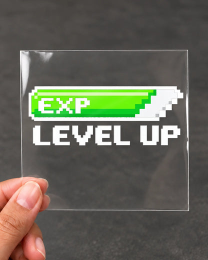 EXP Level Up gamer patch in white ink on clear film