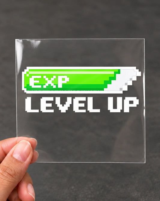 EXP Level Up gamer patch in white ink on clear film