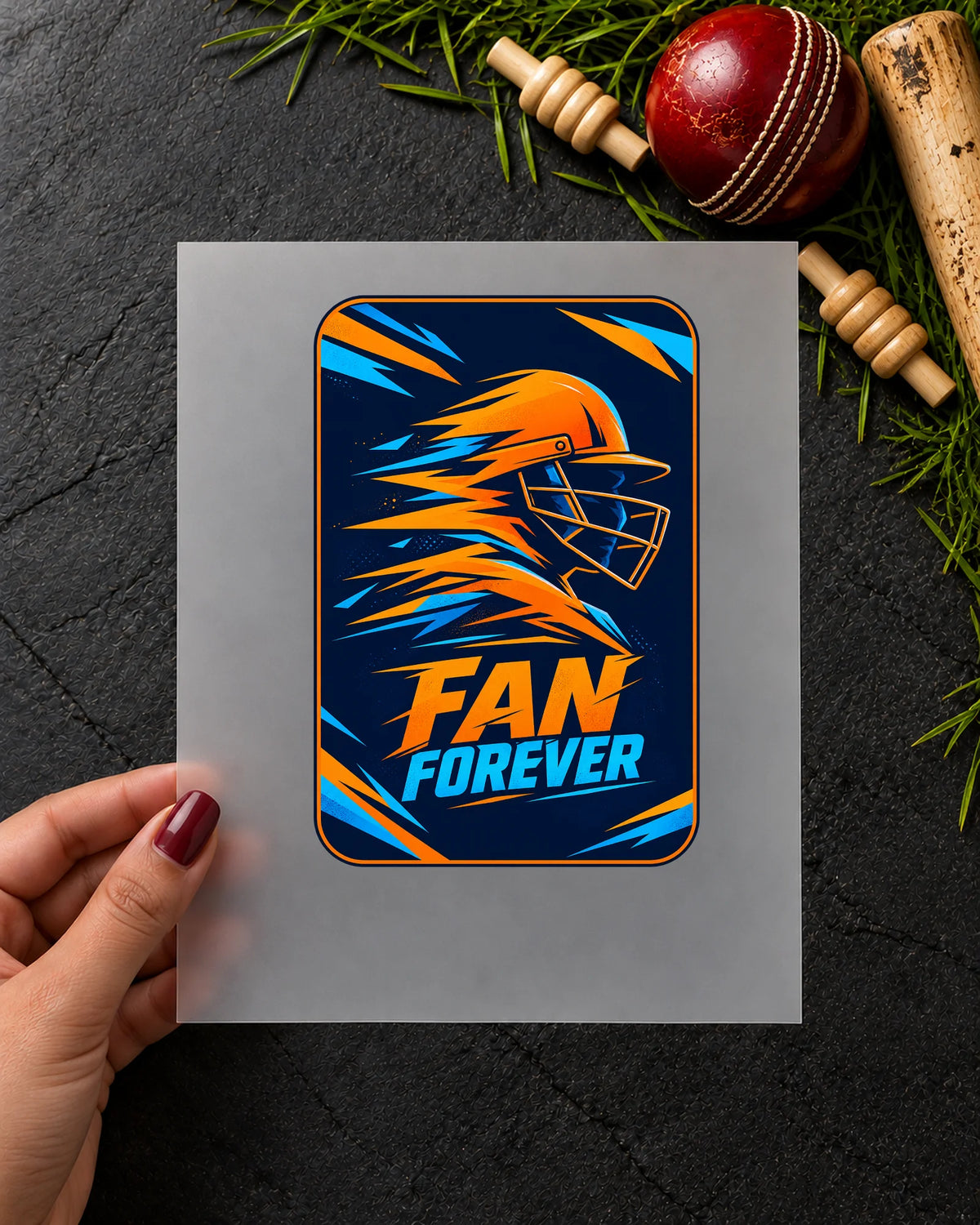 Fan Forever iron-on patch in hand