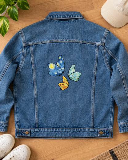 Flight of Fancy & Fact iron-on patch on clothes