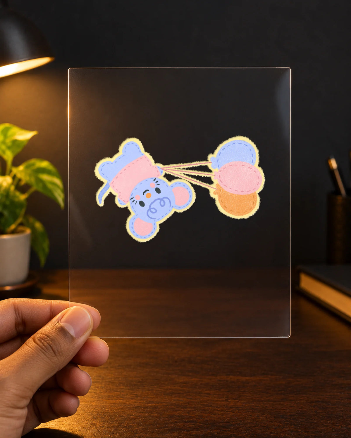 Floating Through Life hard surface patch on clear film