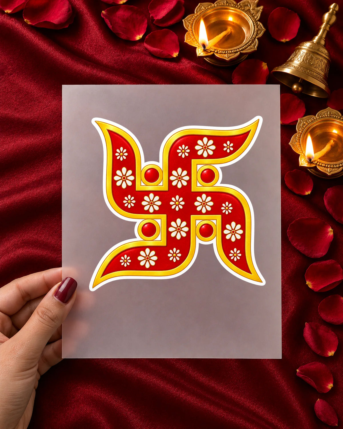 Phool Swastik iron-on patch in hand