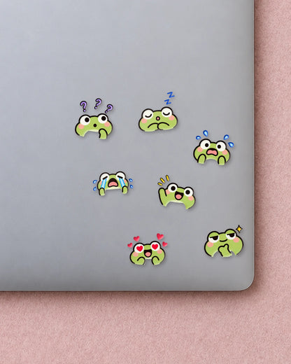 Froggy Feels mini patches on a laptop