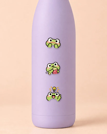 Froggy Feels mini patches on a water bottle