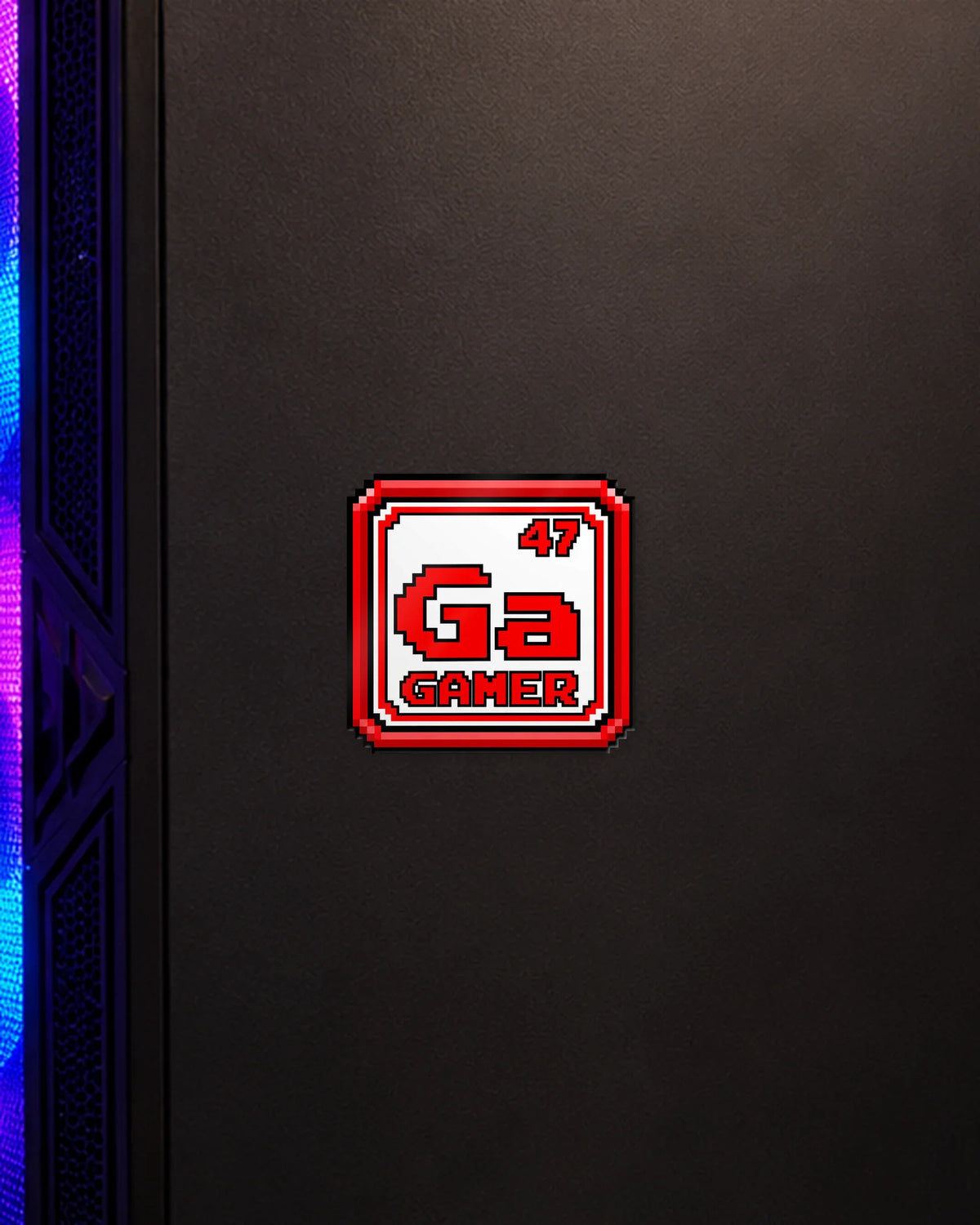 Ga Gamer gamer patch on a gaming PC cabinet