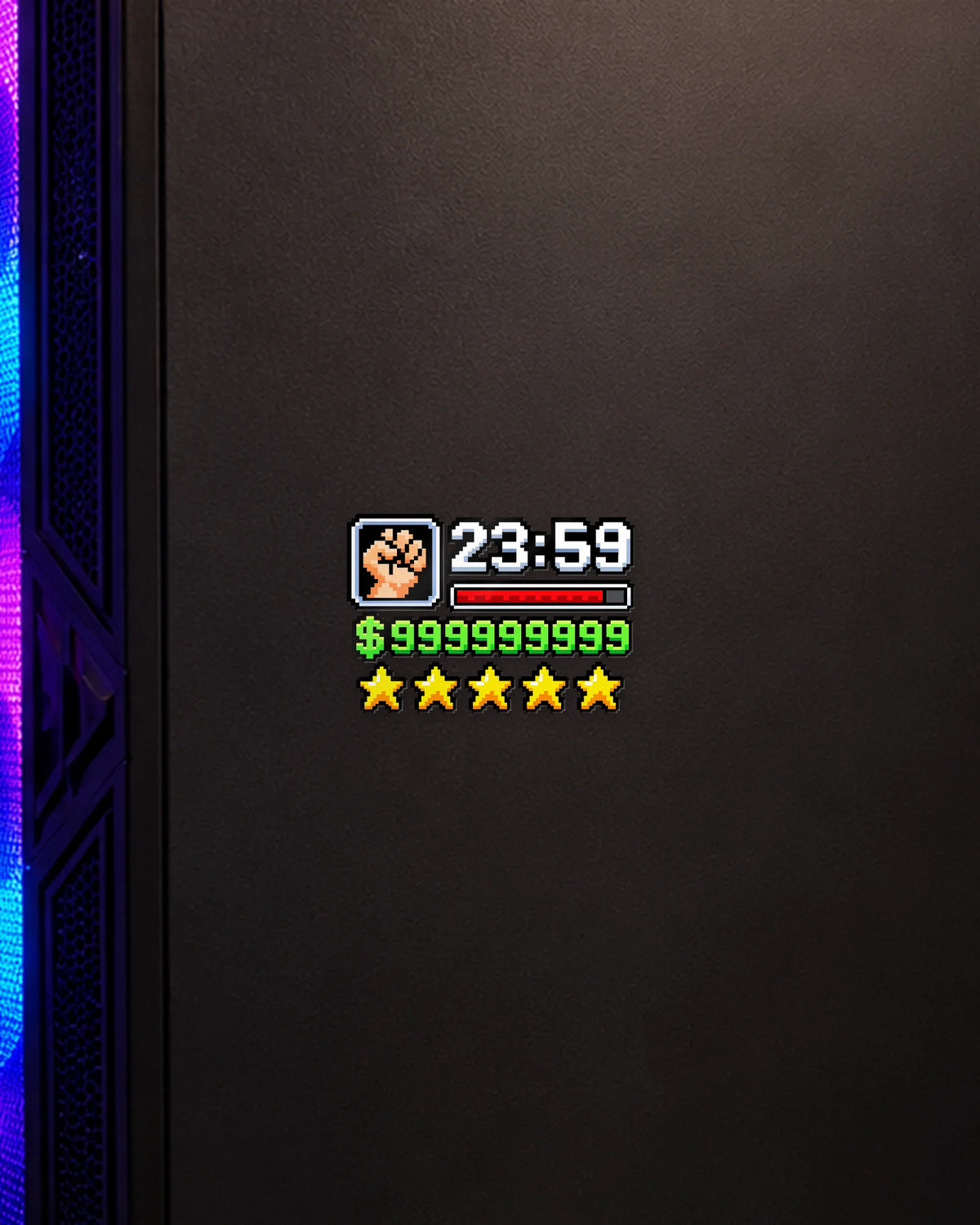 Game HUD gamer patch on a gaming PC cabinet