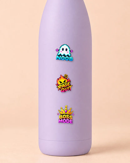 Game On mini patches on a water bottle