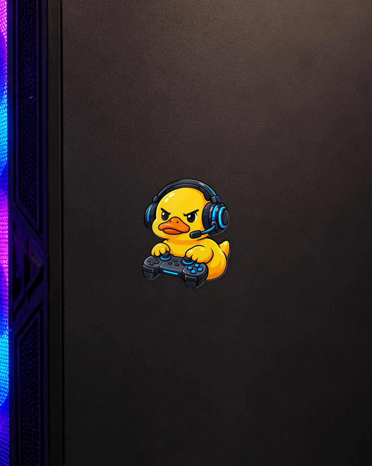 Gamer Duck gamer patch on a gaming PC cabinet