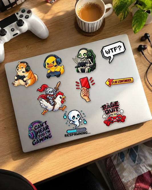 Gamer Memes Pack: 10 gamer patches on a white laptop