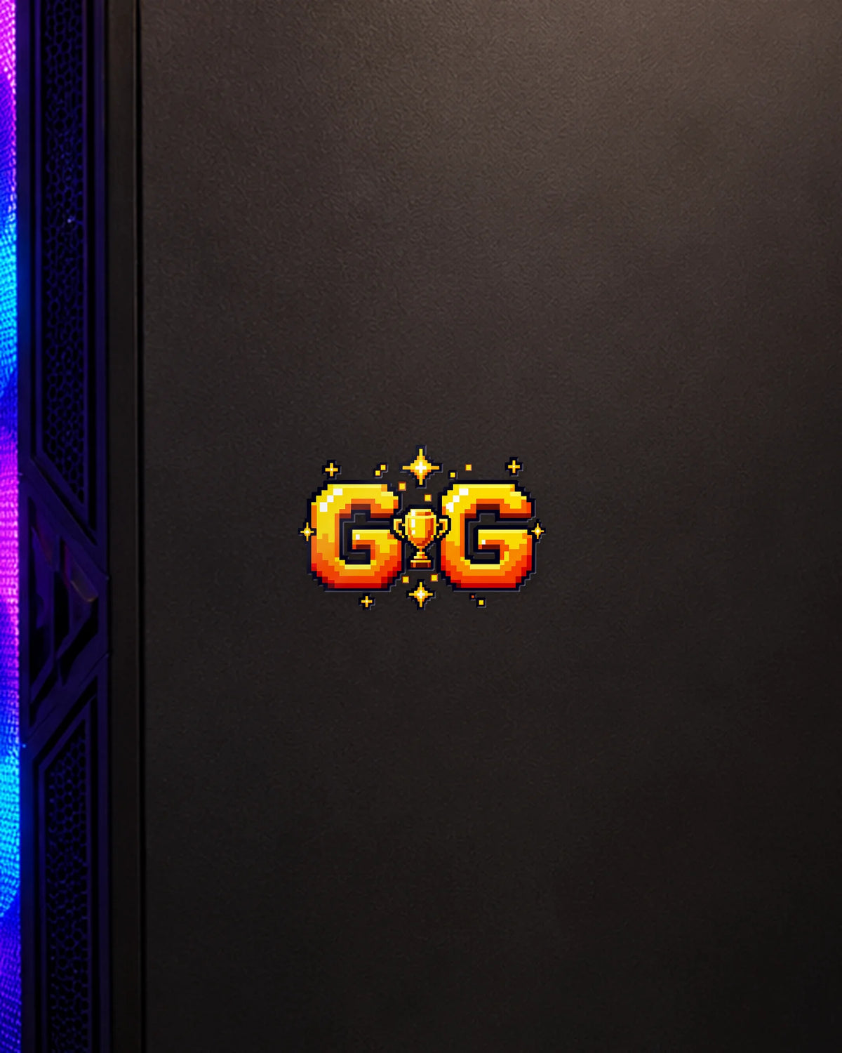 GG gamer patch on a gaming PC cabinet