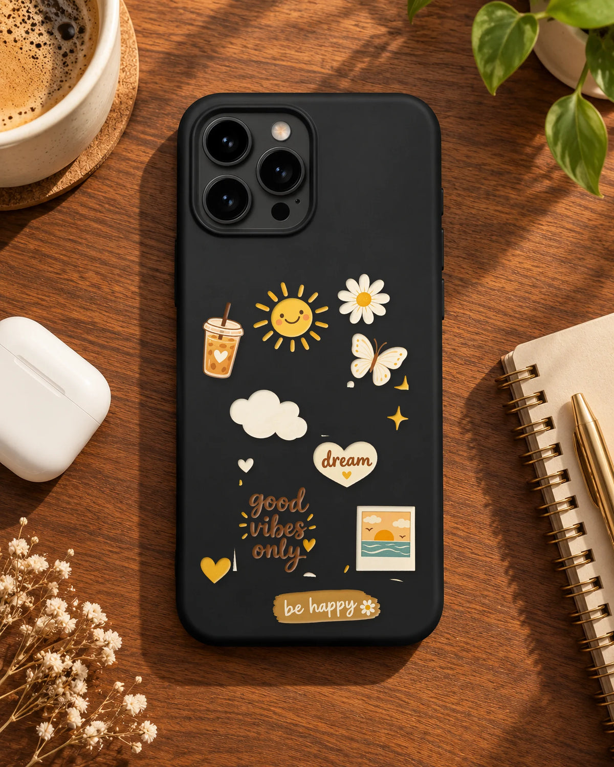 Good Vibes Only pieces arranged on a phone