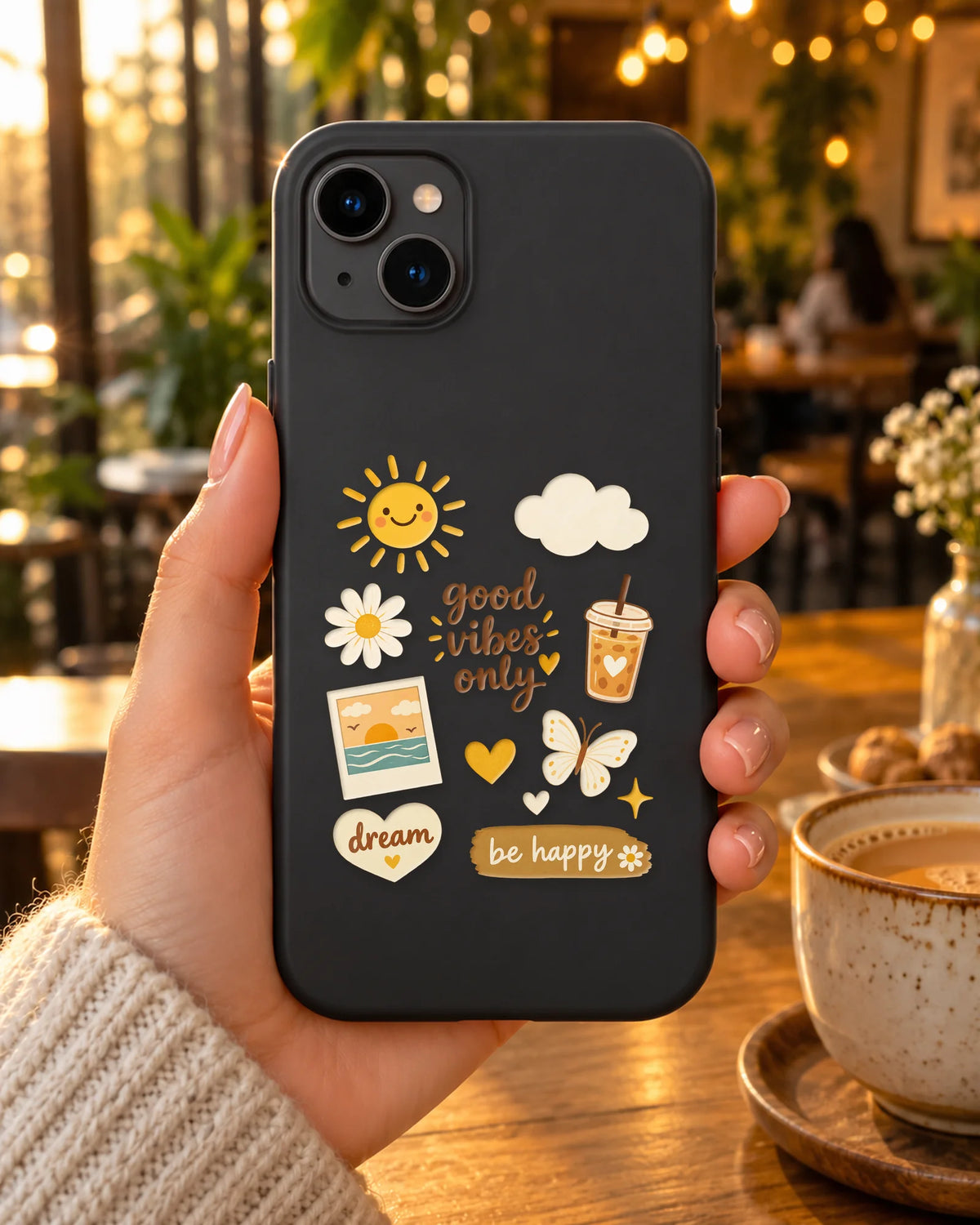 Good Vibes Only on a phone at a cafe