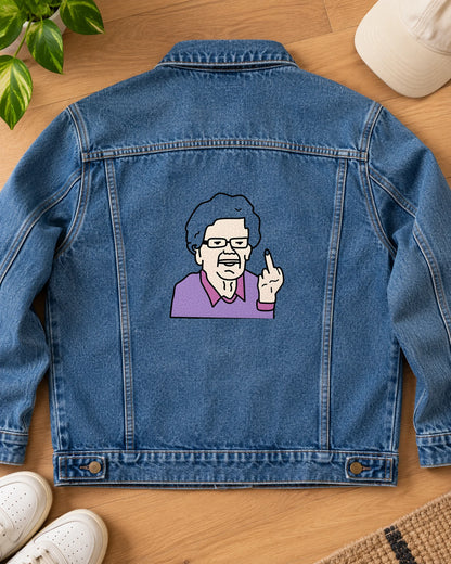 Granny’s Grim Truths iron-on patch on clothes