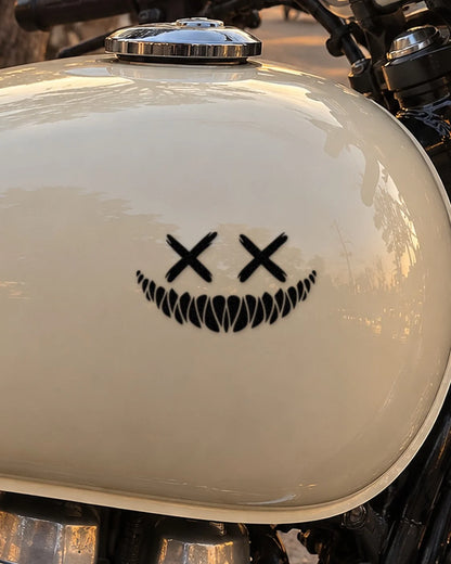 Grin Reaper bike patch in black ink on a bike