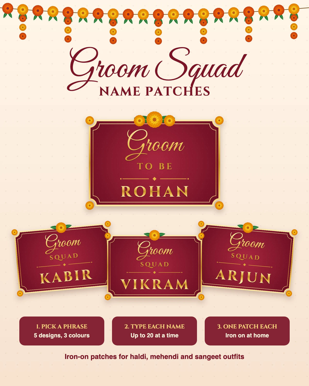Groom Squad name patches: customised iron-on patches