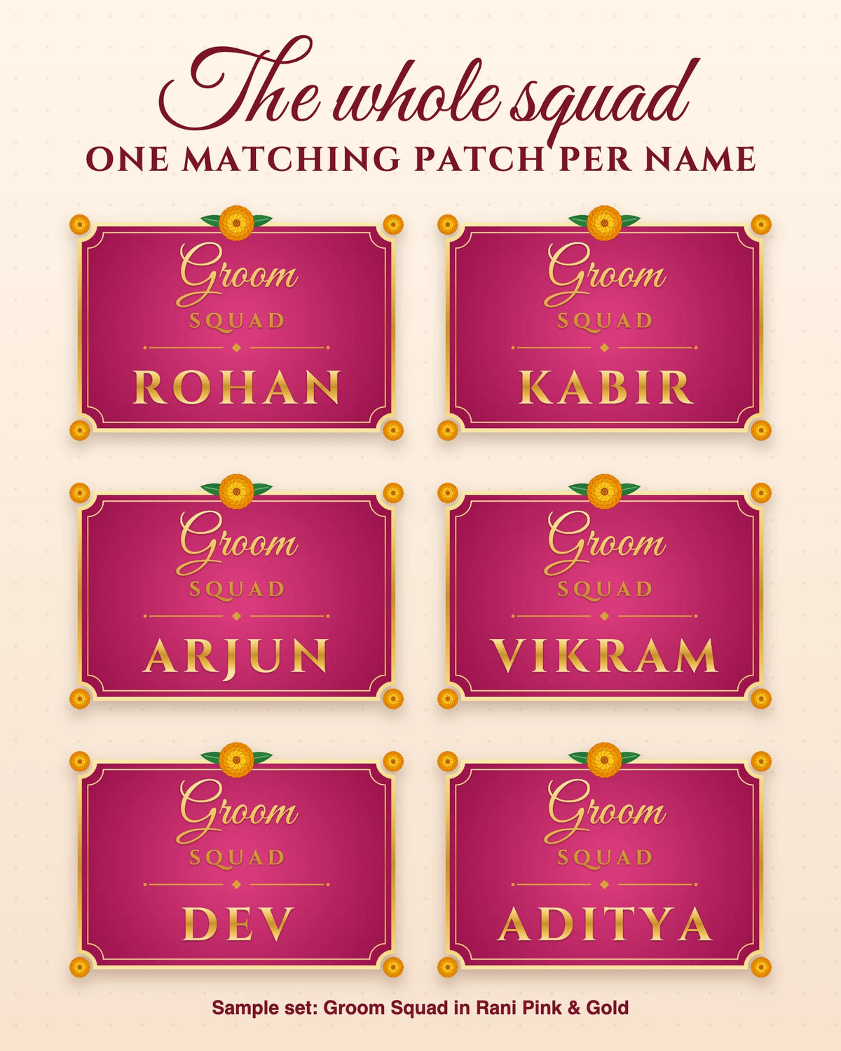 A full Groom Squad set, one patch per name