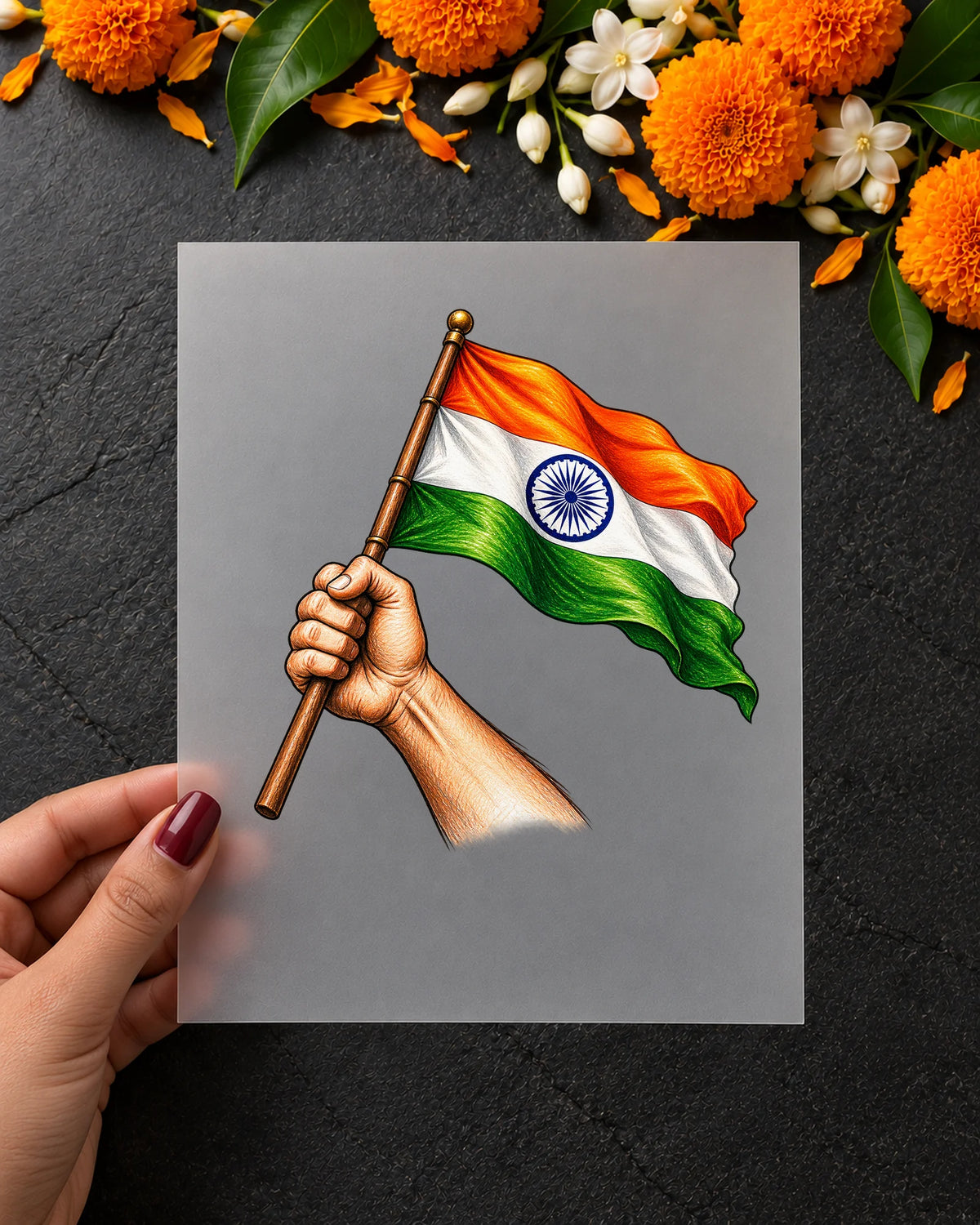 Haathon Mein Tiranga iron-on patch in hand