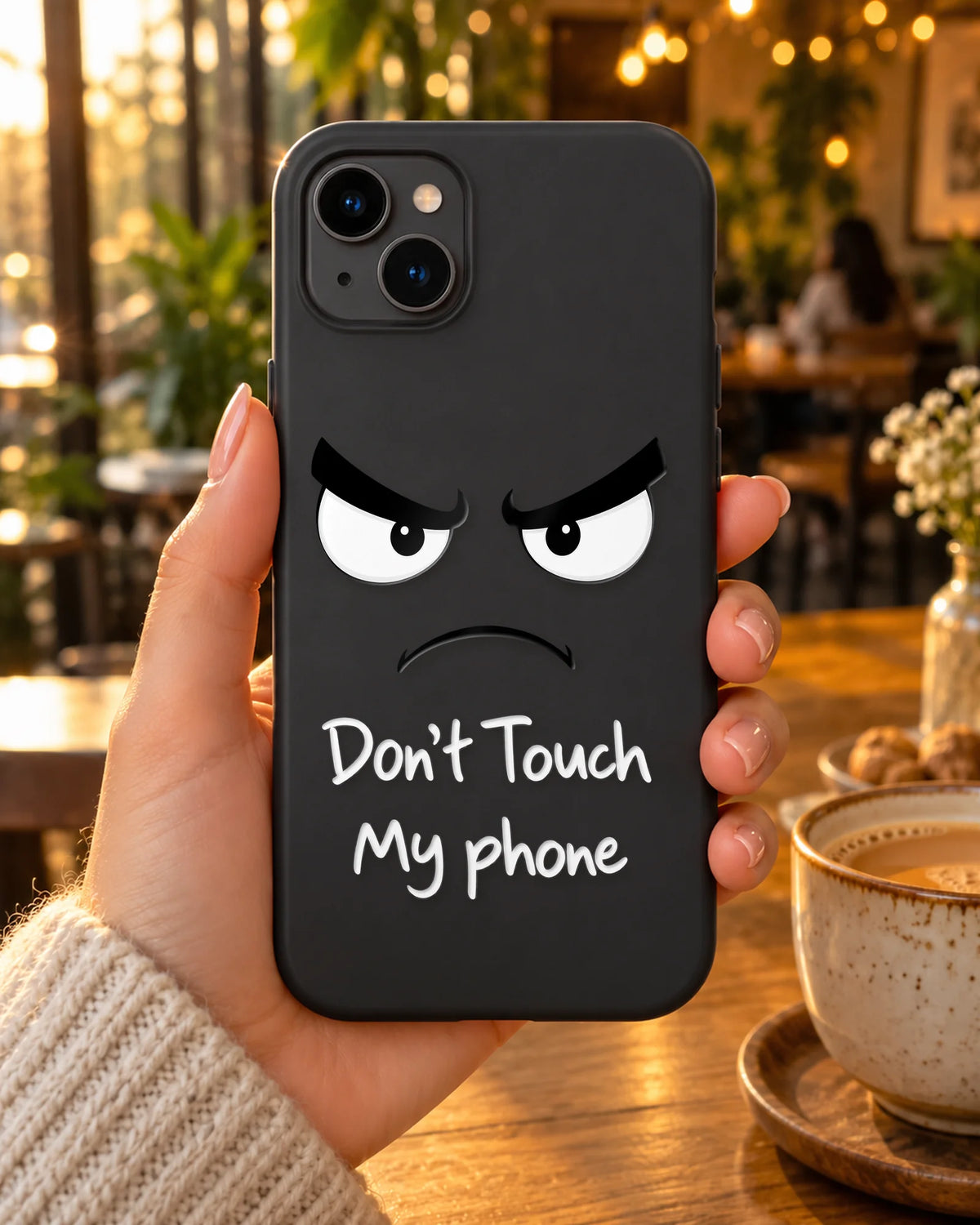 Hands Off on a phone at a cafe
