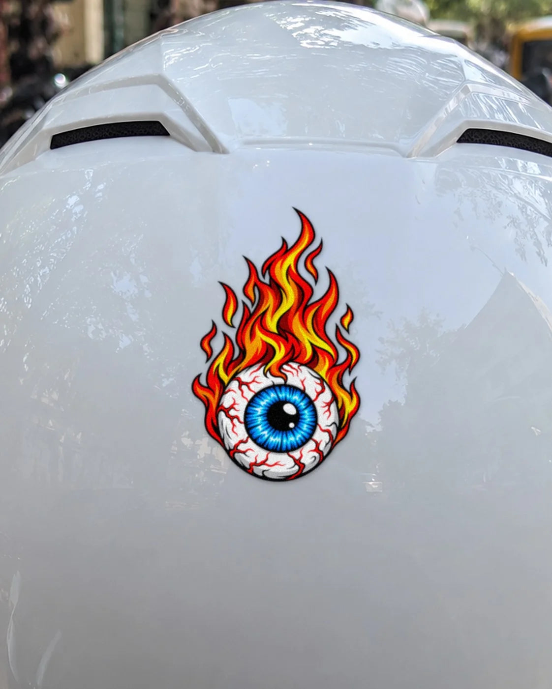 Hell Eye bike patch on a helmet