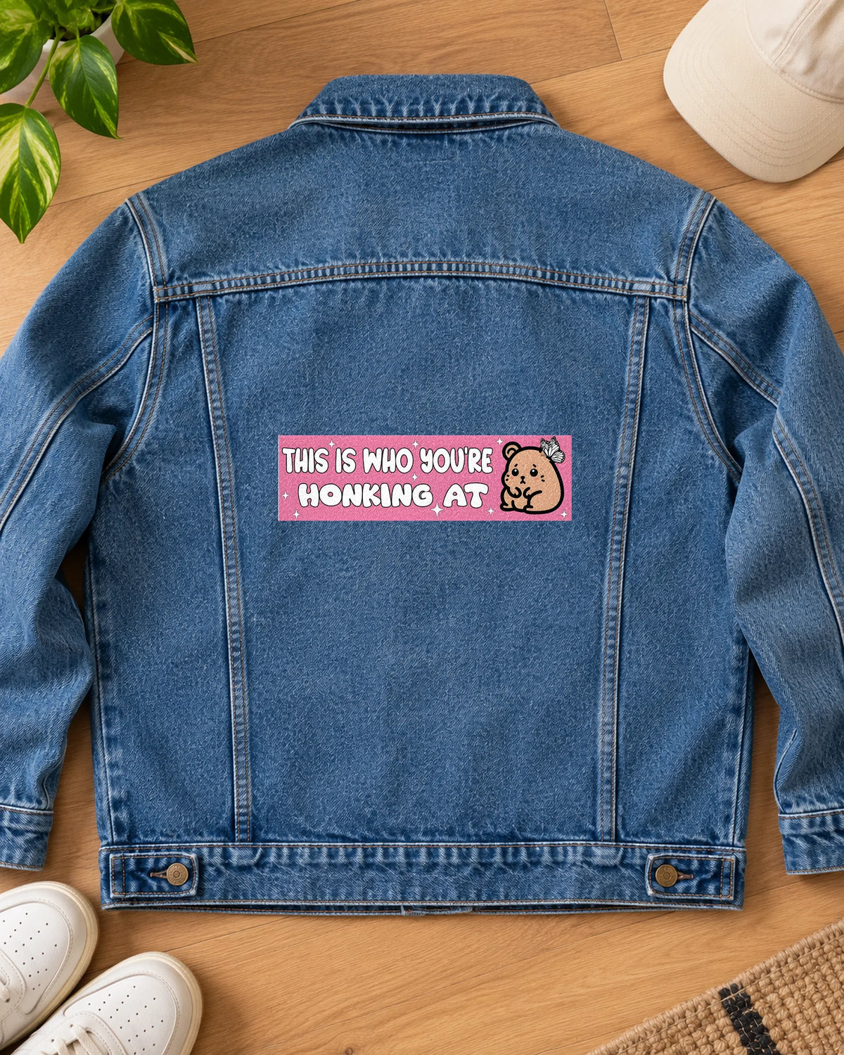 Honking iron-on patch on clothes
