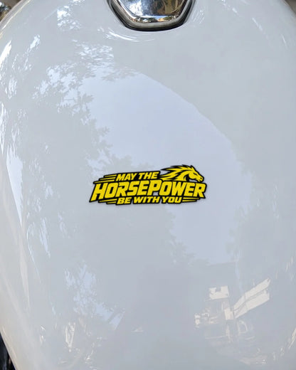 May the Horsepower bike patch in black ink on a bike
