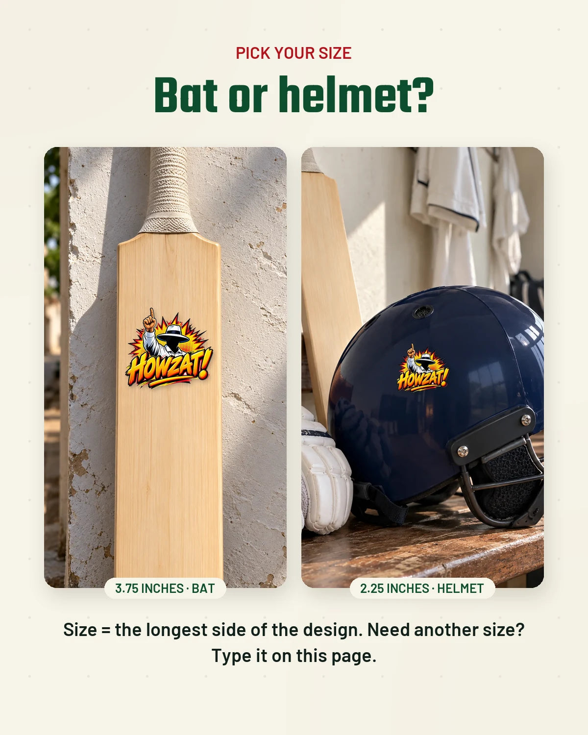 Howzat size guide: bat and helmet
