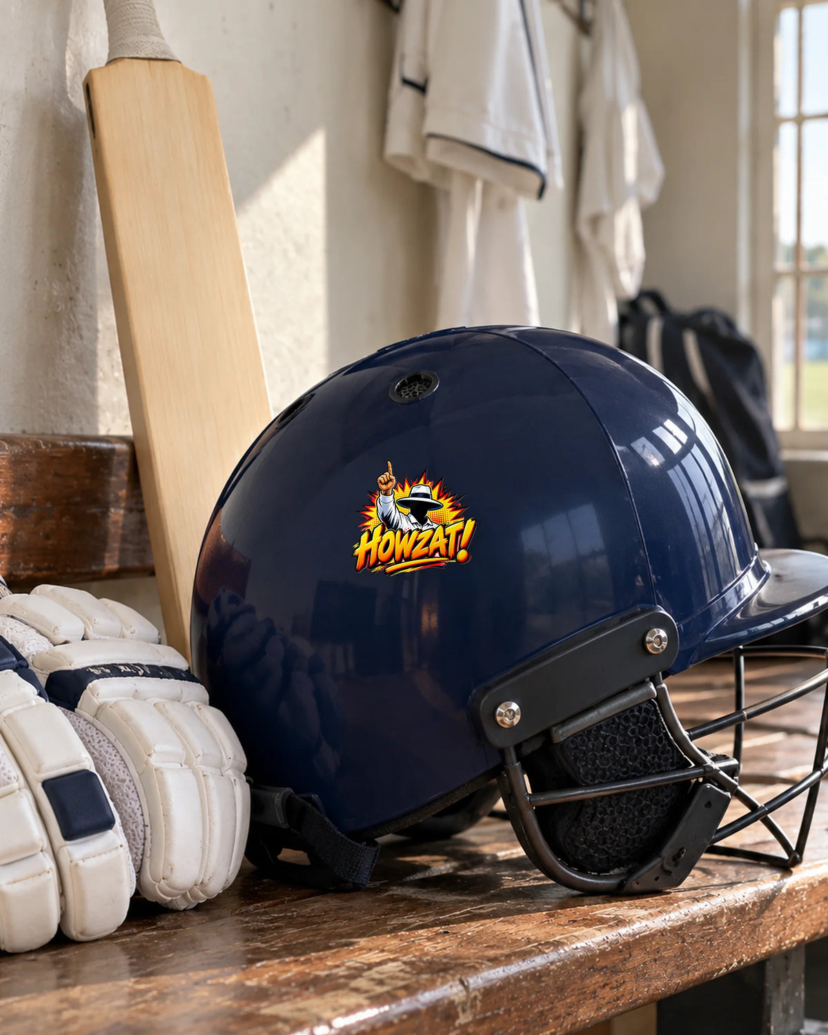 Howzat patch on a cricket helmet